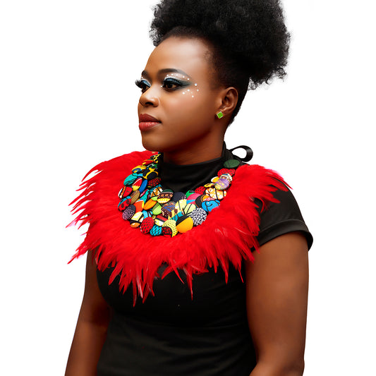African Women Wax Print Handmade Button Feather Statement Necklace Accessories