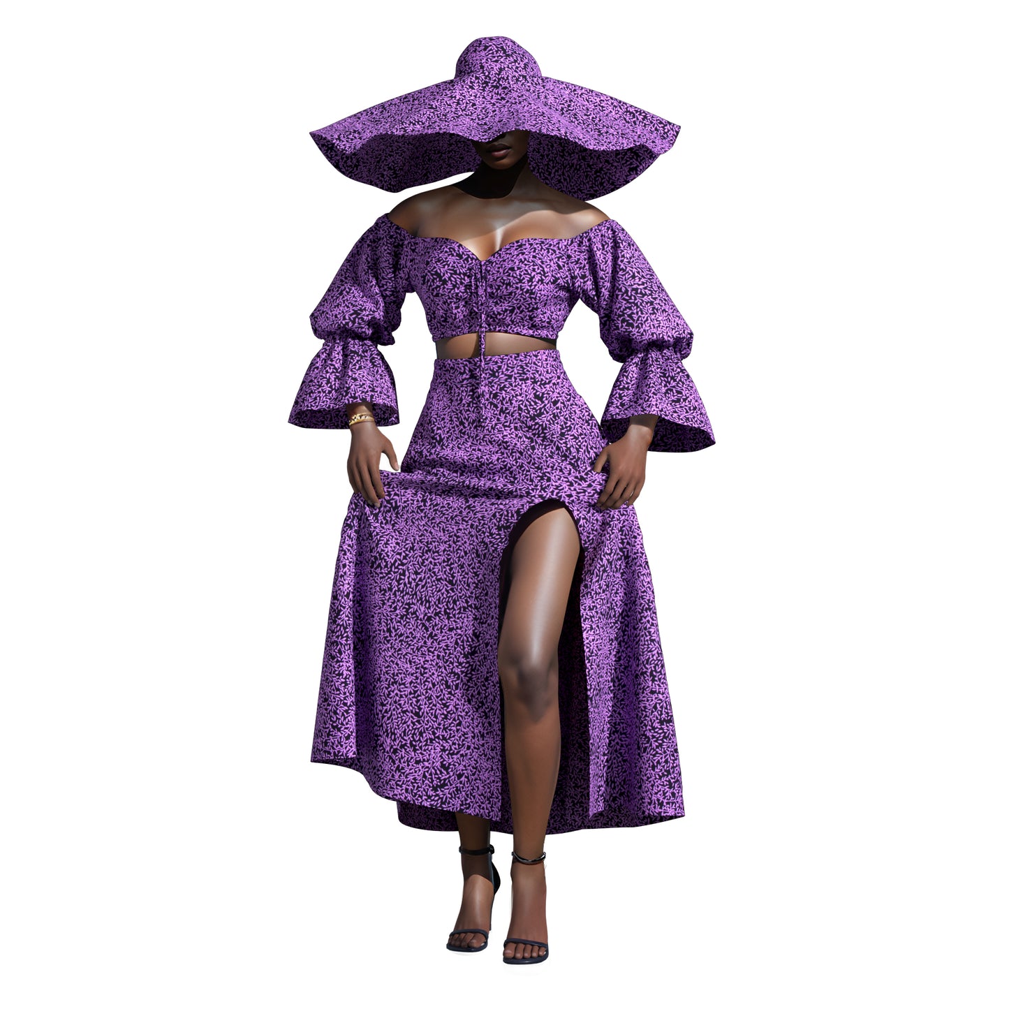Vibrant African Wax Print Off-Shoulder Skirt Set with Wide Brim Hat – Afrocentric Circular Print Outfit