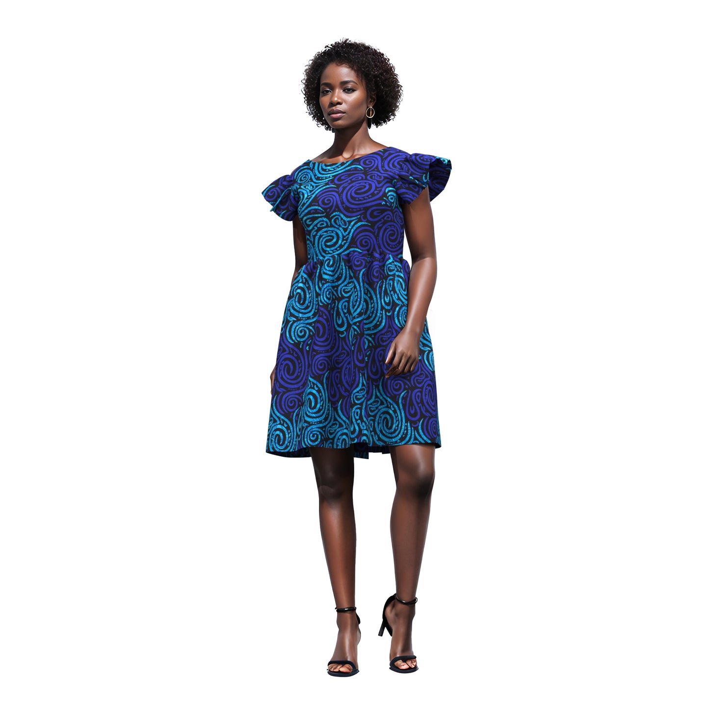 African Print Pleated Sleeve Tie-Back Backless Dress