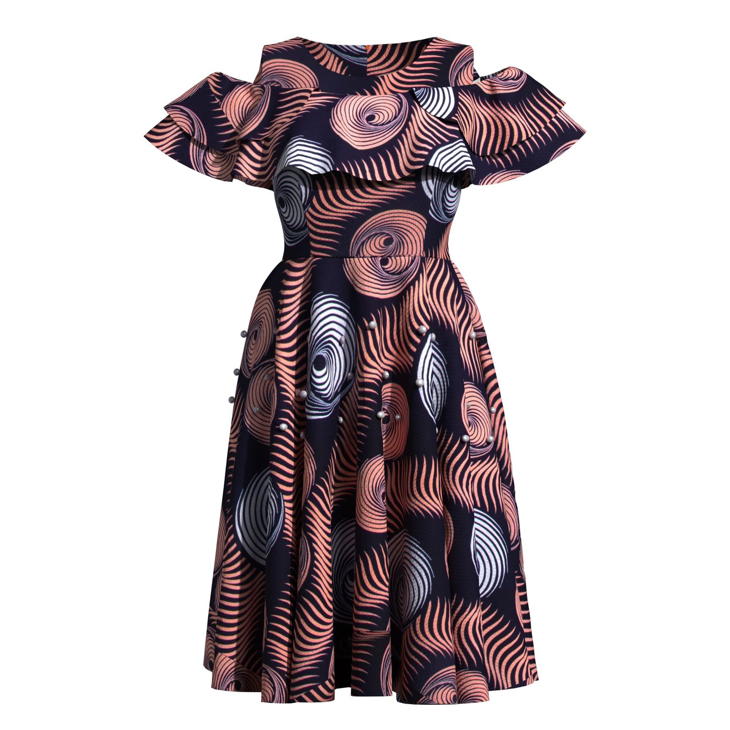 Traditional African Wax Print Cold-Shoulder Fit-and-Flare Dress
