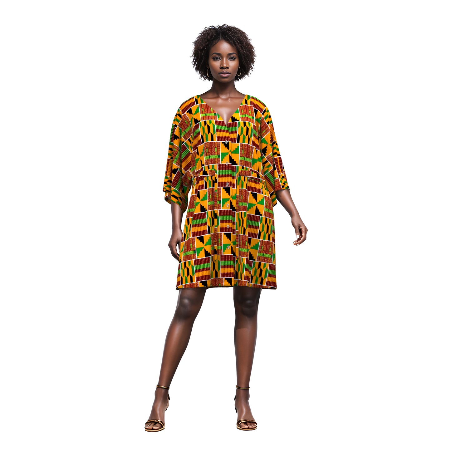 African Print V-Neck Drawstring Waist Batwing Sleeve Dress