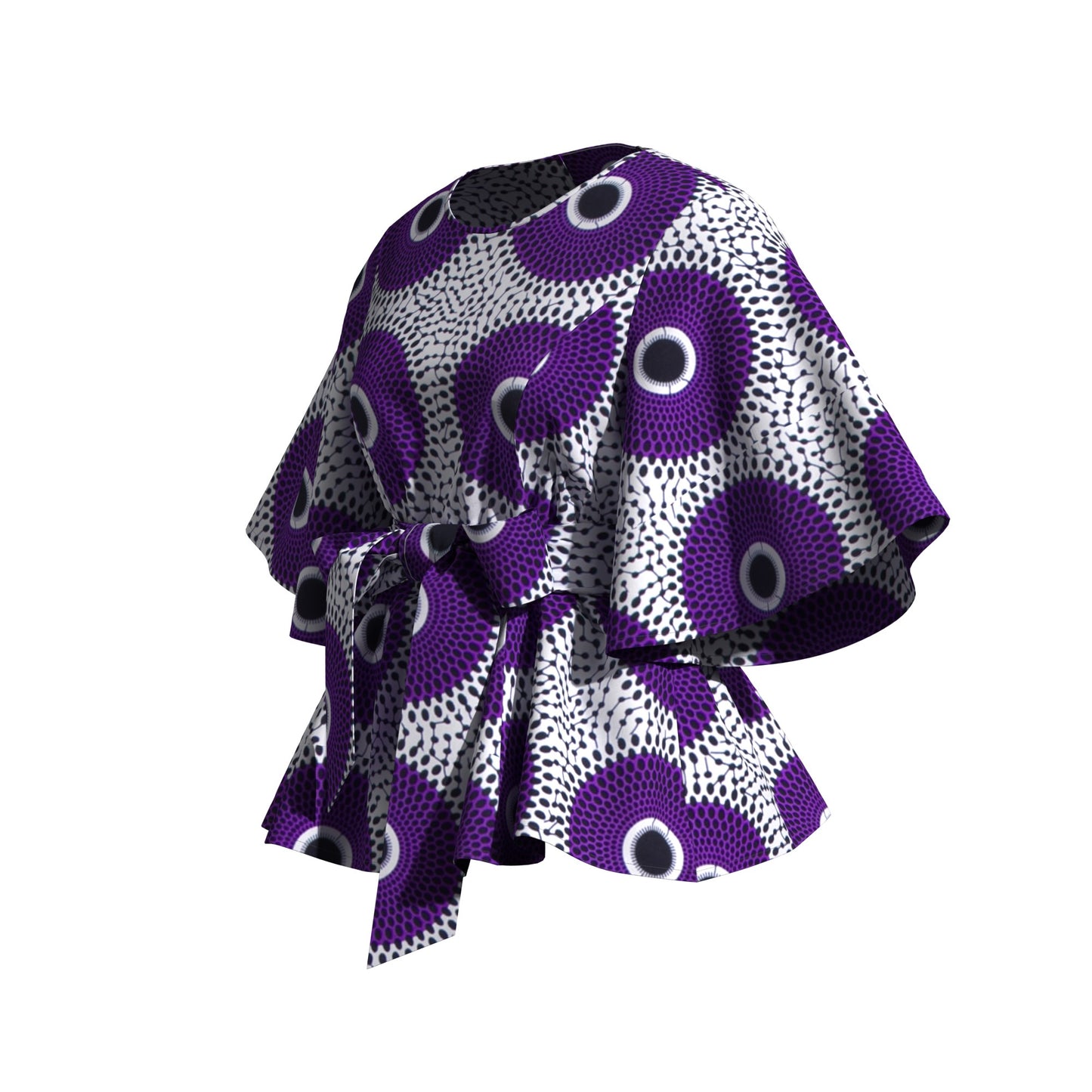 African Print Flare Sleeve Peplum Blouse with Waist Sash