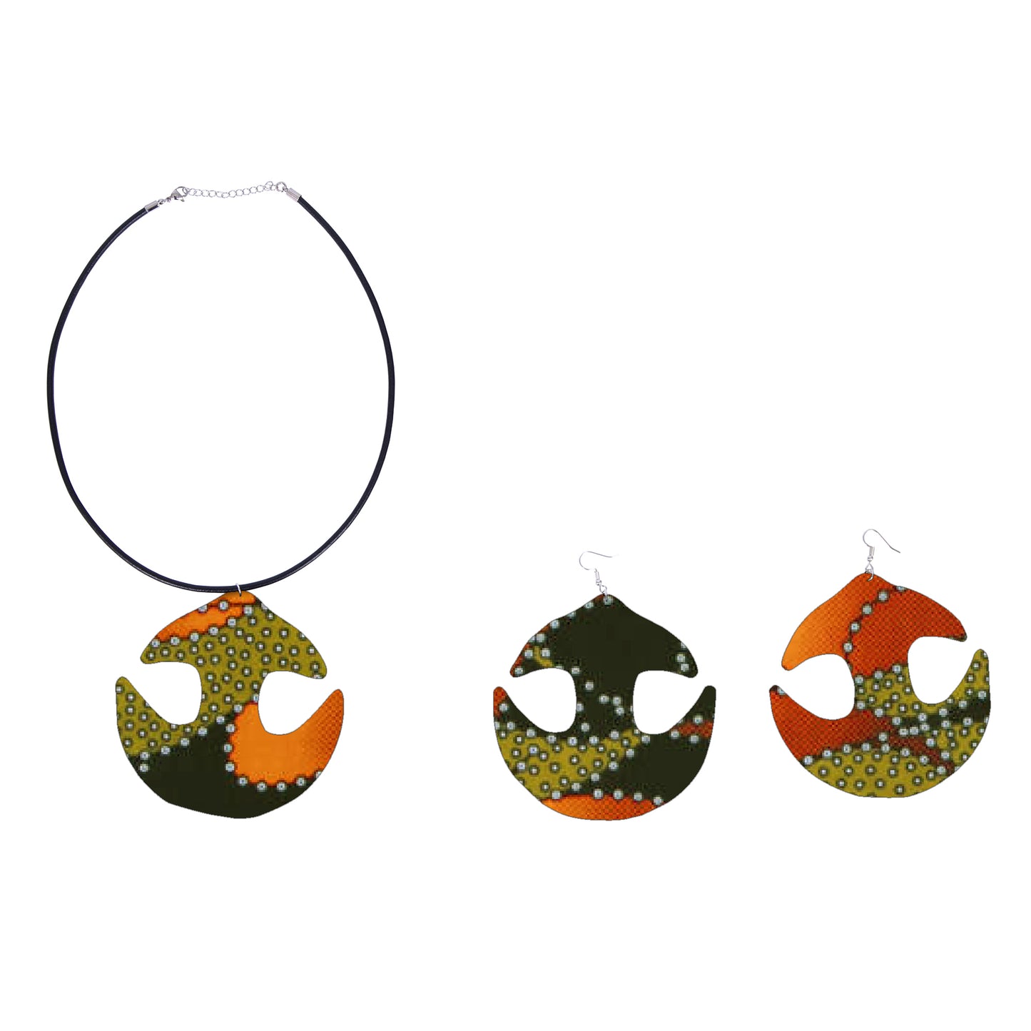 Women African Ethnic Print Cutout Pendant Necklace & Matching Drop Earring Jewelry Set Fashion Accessories