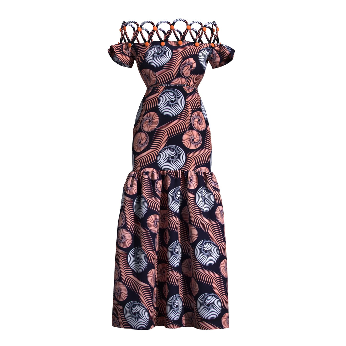 Women's African Print Off-Shoulder Maxi Dress | Rope Strap Detail | Ankara Ruffled Hem Gown