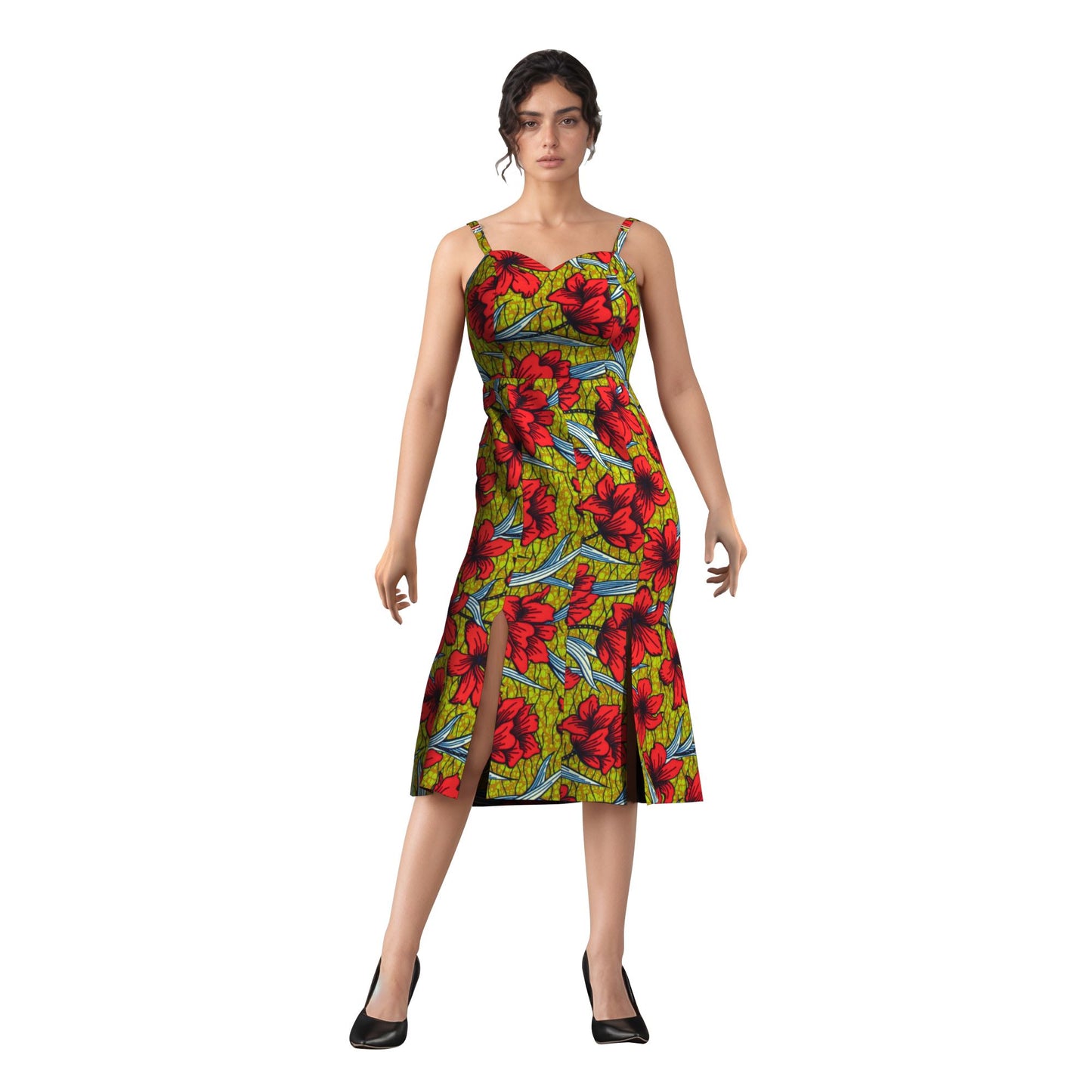 Ankara Print Sweetheart Neck Bodycon Midi Dress with Slit