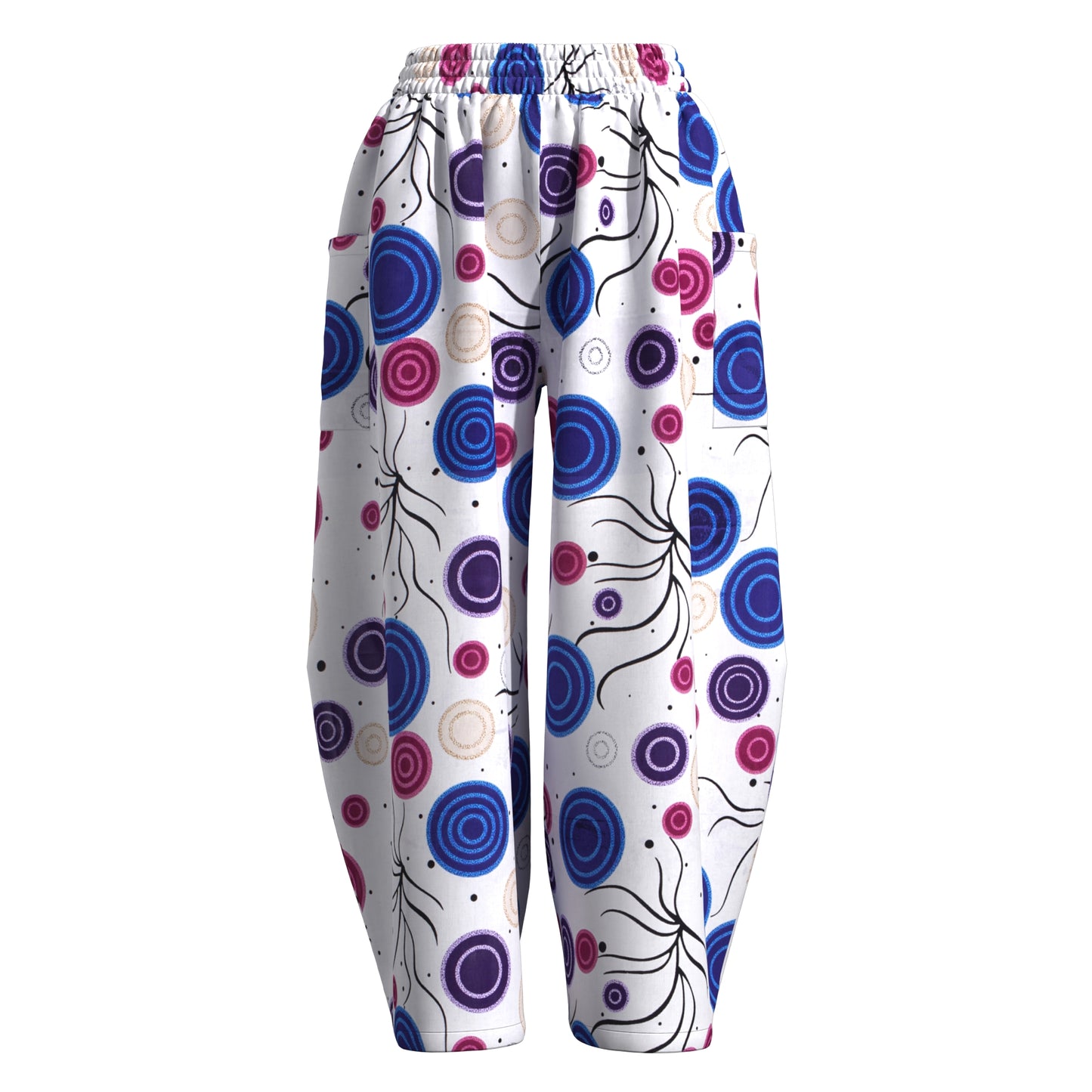Artistic Abstract Circle Print High-Waist Balloon Pants – Vibrant Afrocentric Wide-Leg Trousers with Pockets