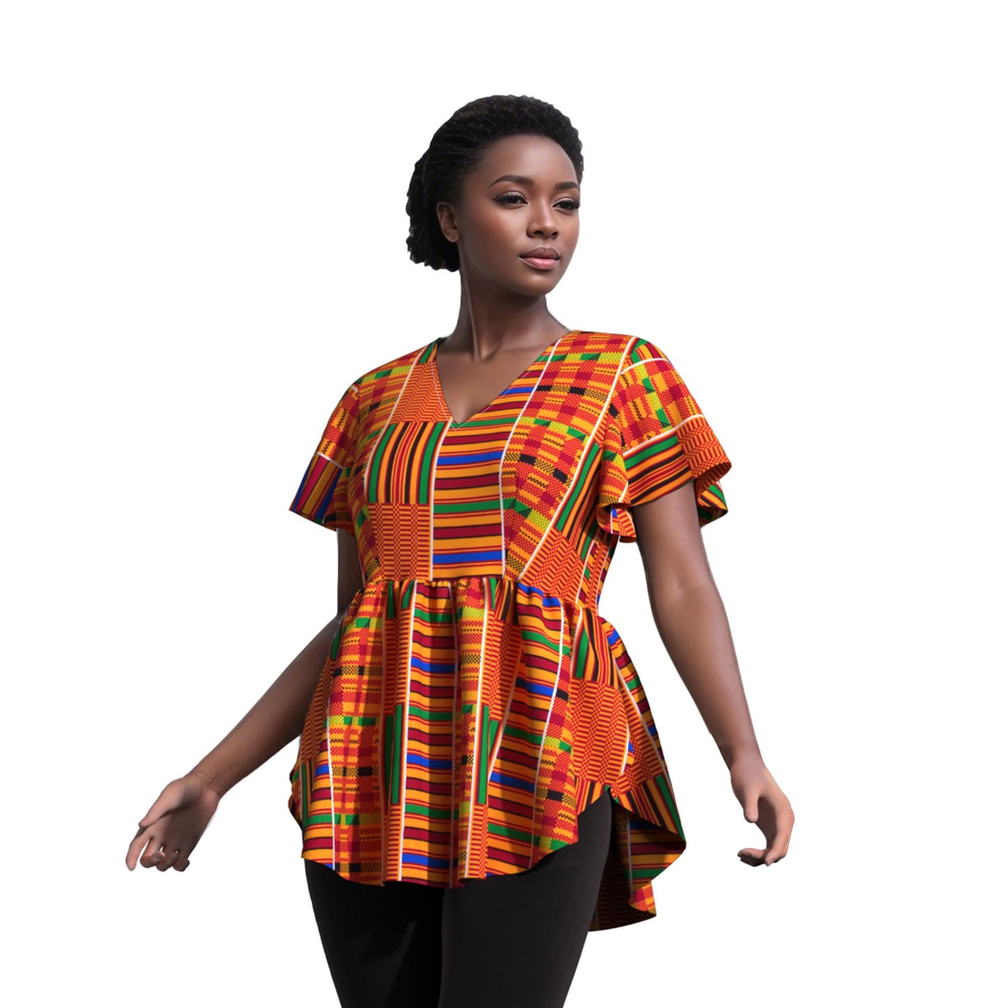 African Print V Neck Irregular Hem Fashion Women Peplum Top