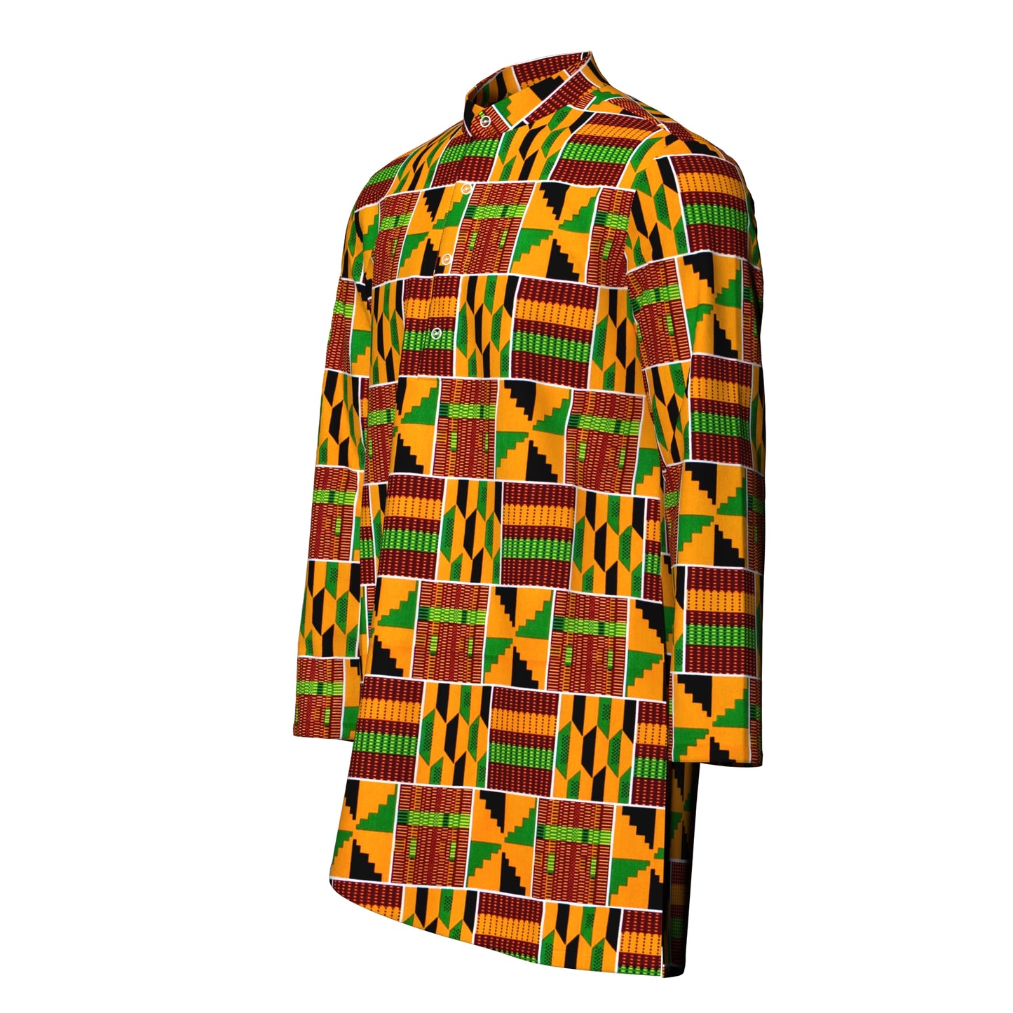 Ankara Print Men’s Mandarin Collar Asymmetric Hem Shirt