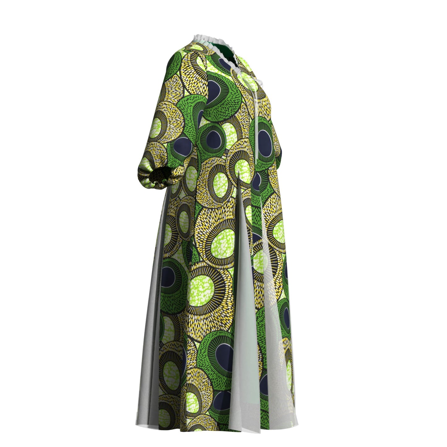 Women Bold Tribal Floral Print V Neck Puff Midi Dress Sheer Panel Split Layer Church Party Outfit