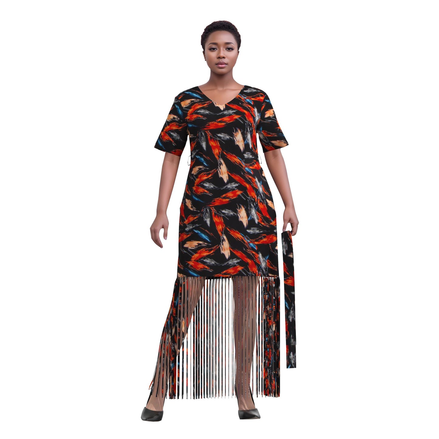 Bold Circular Ankara Print Fringe Hem Dress – Afrocentric Short Sleeve Midi Dress