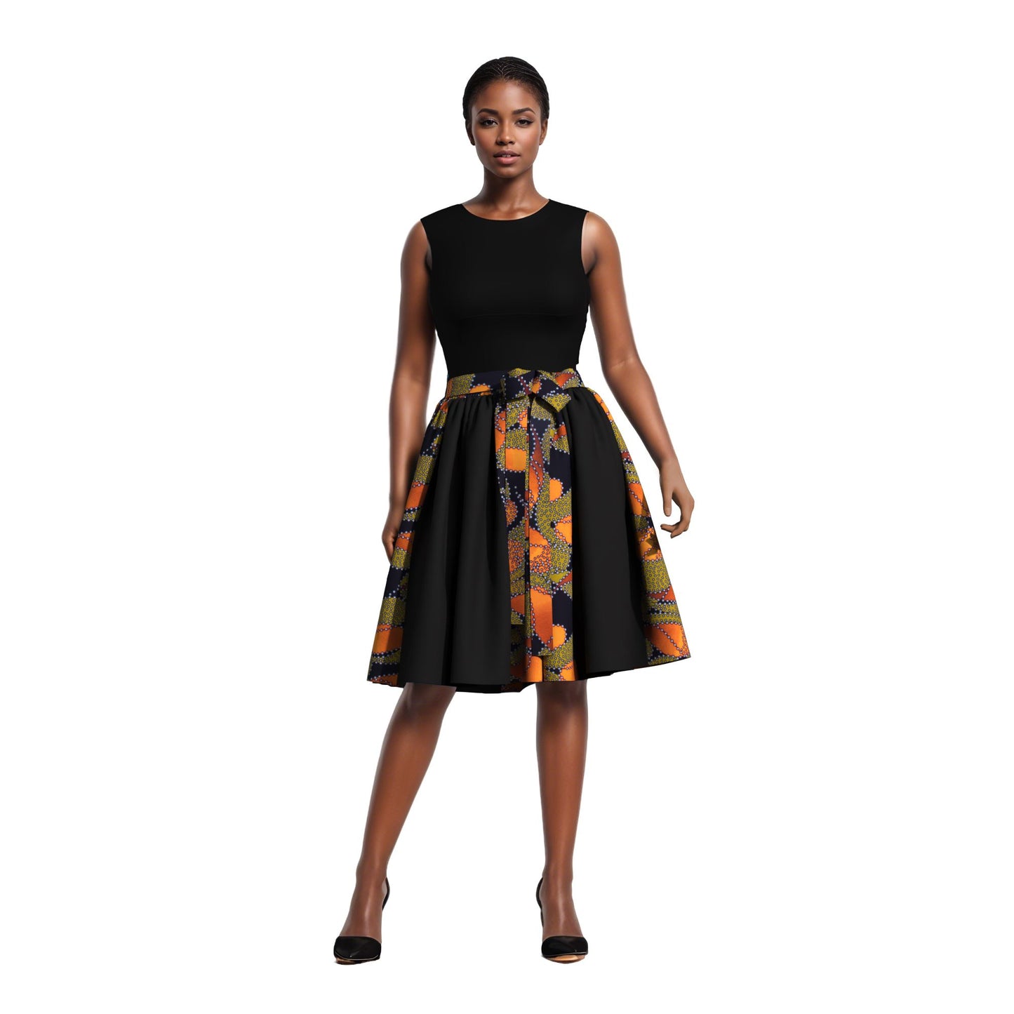 Versatile African Print Color Block Flared Skirt