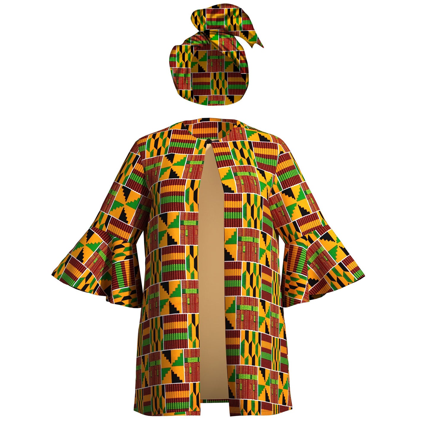 African Print Women's Jacket & Headwrap Set – Vibrant Geometric Pattern
