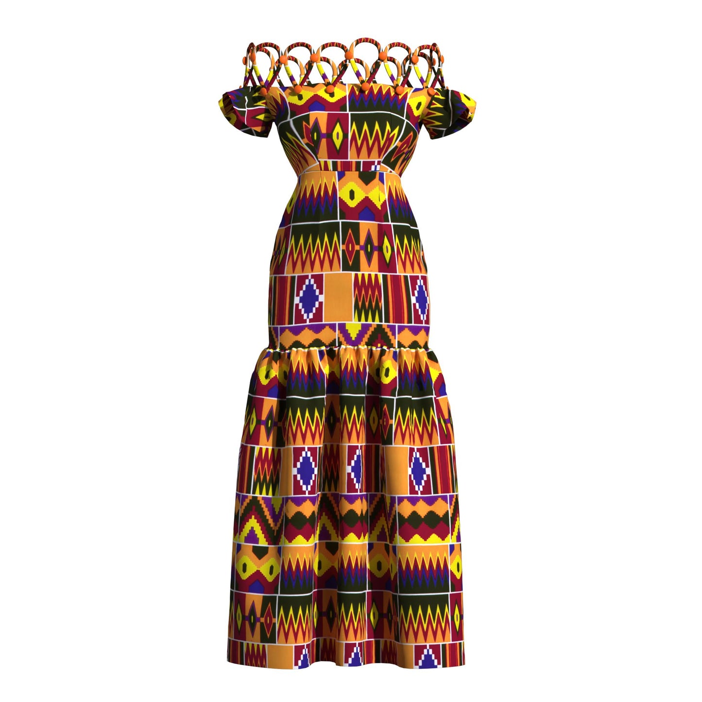 Women's African Print Off-Shoulder Maxi Dress | Rope Strap Detail | Ankara Ruffled Hem Gown