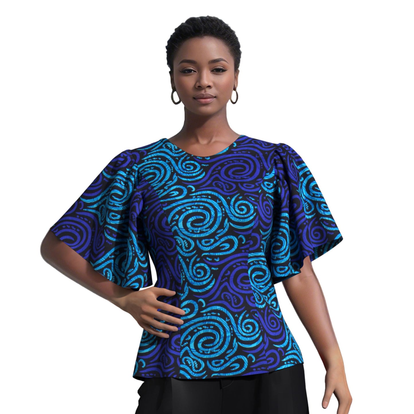 African Print Fitted Waist Flounce Sleeve Top
