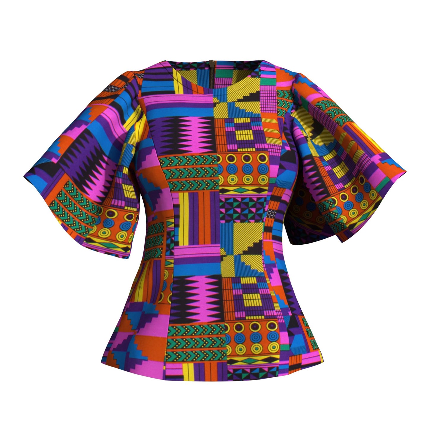 African Print Fitted Waist Flounce Sleeve Top