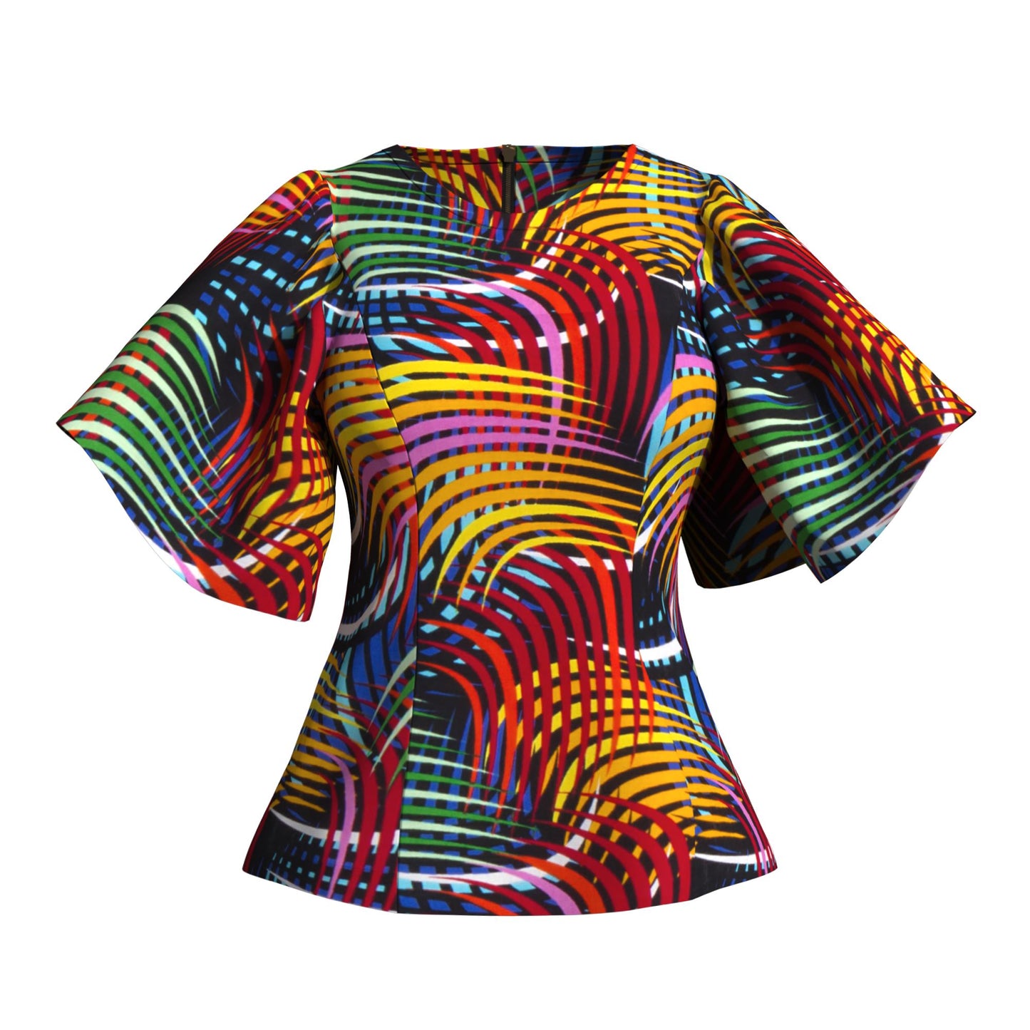 African Print Fitted Waist Flounce Sleeve Top