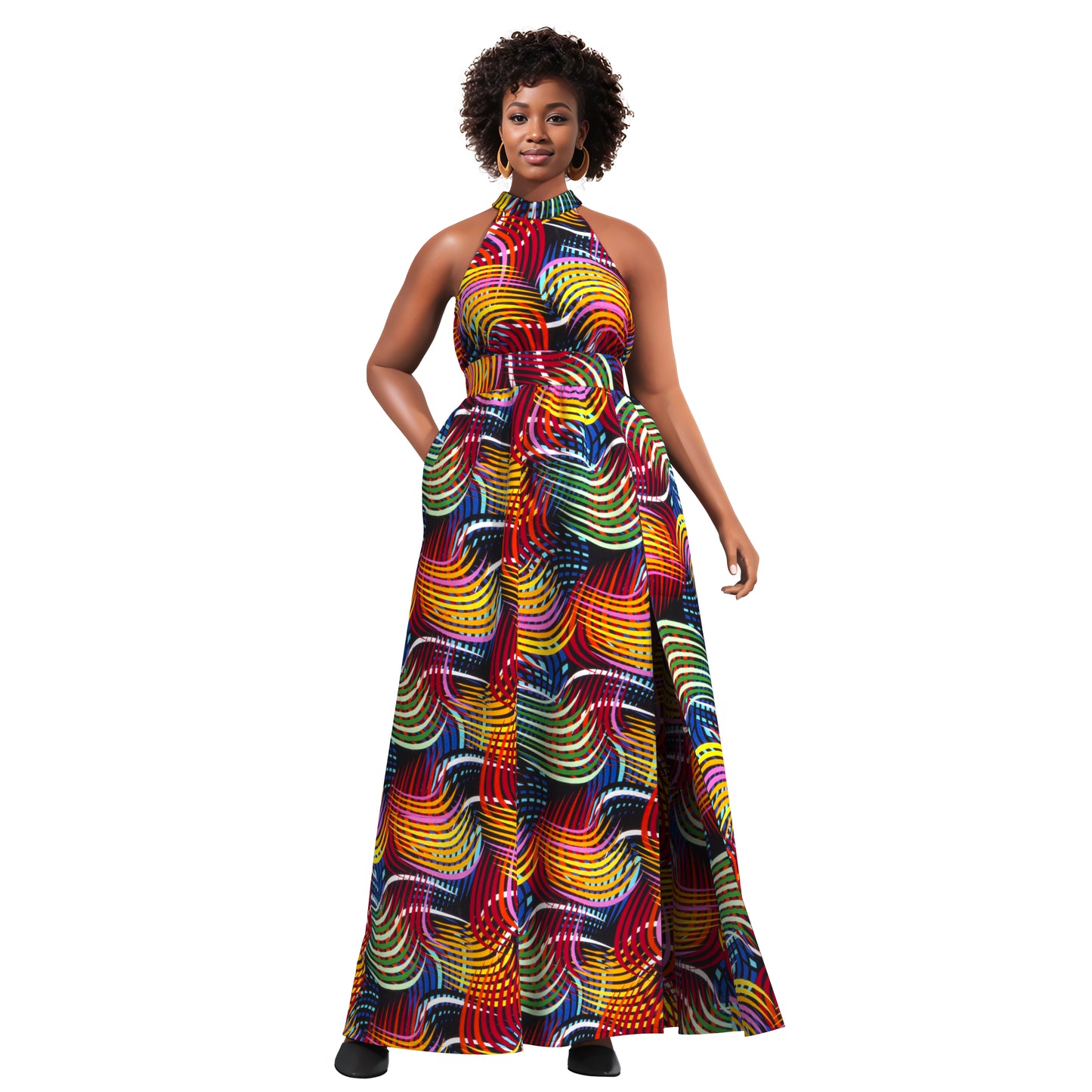 Ladies African Fabric Halter Maxi Dress With Back Bow & Side Split