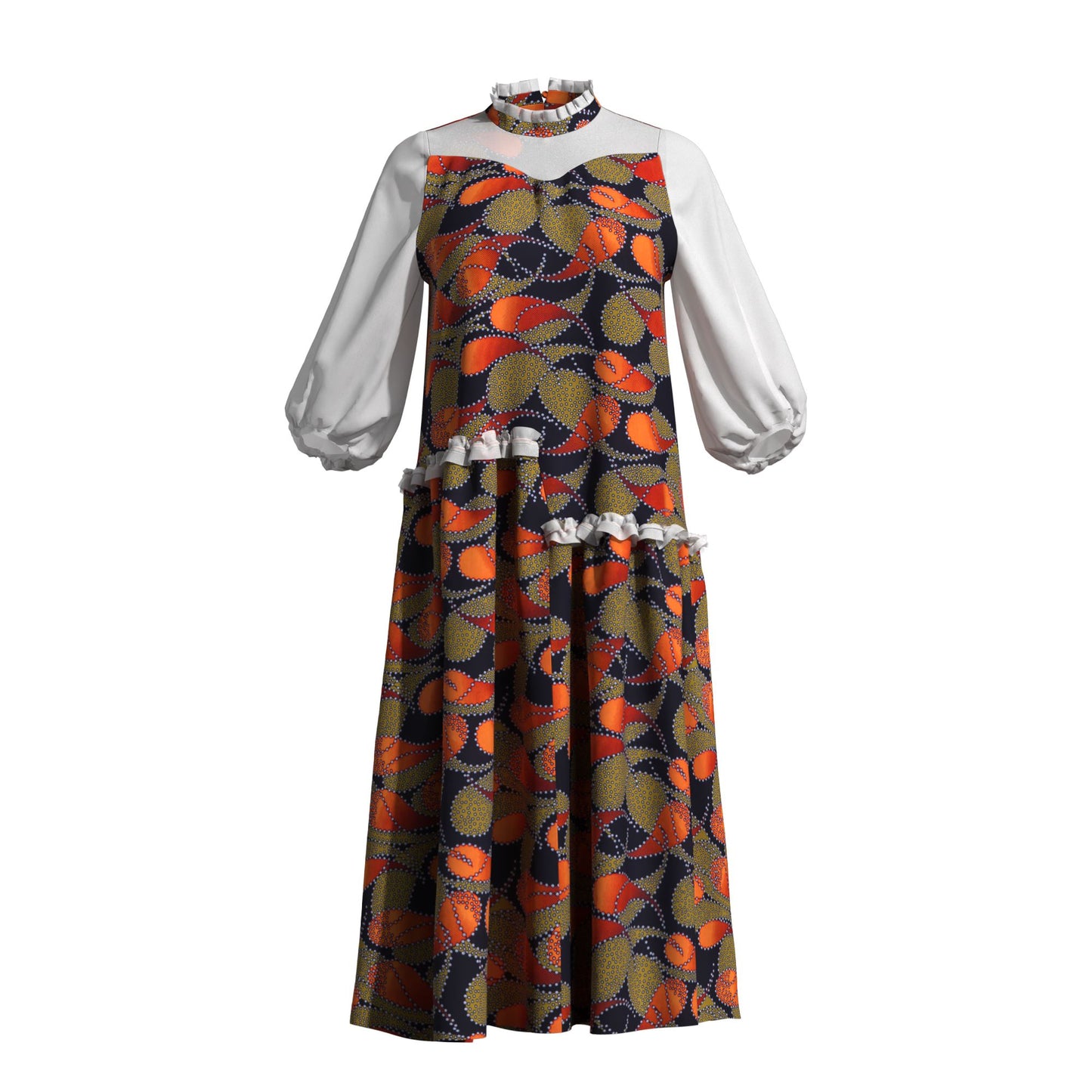 African Fabric Sheer Mesh Ruffle Collar Tiered Swing Midi Dress