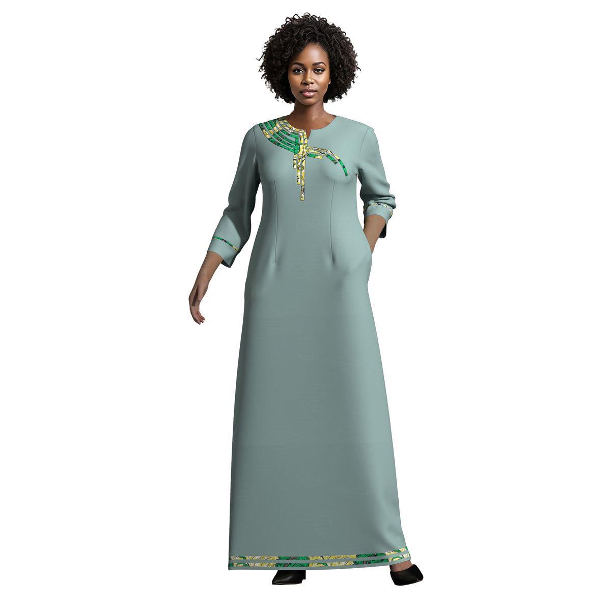 Elegant Solid Maxi Dress for Black Women, Ankara Print Splicing on Chest & Cuffs WY10572