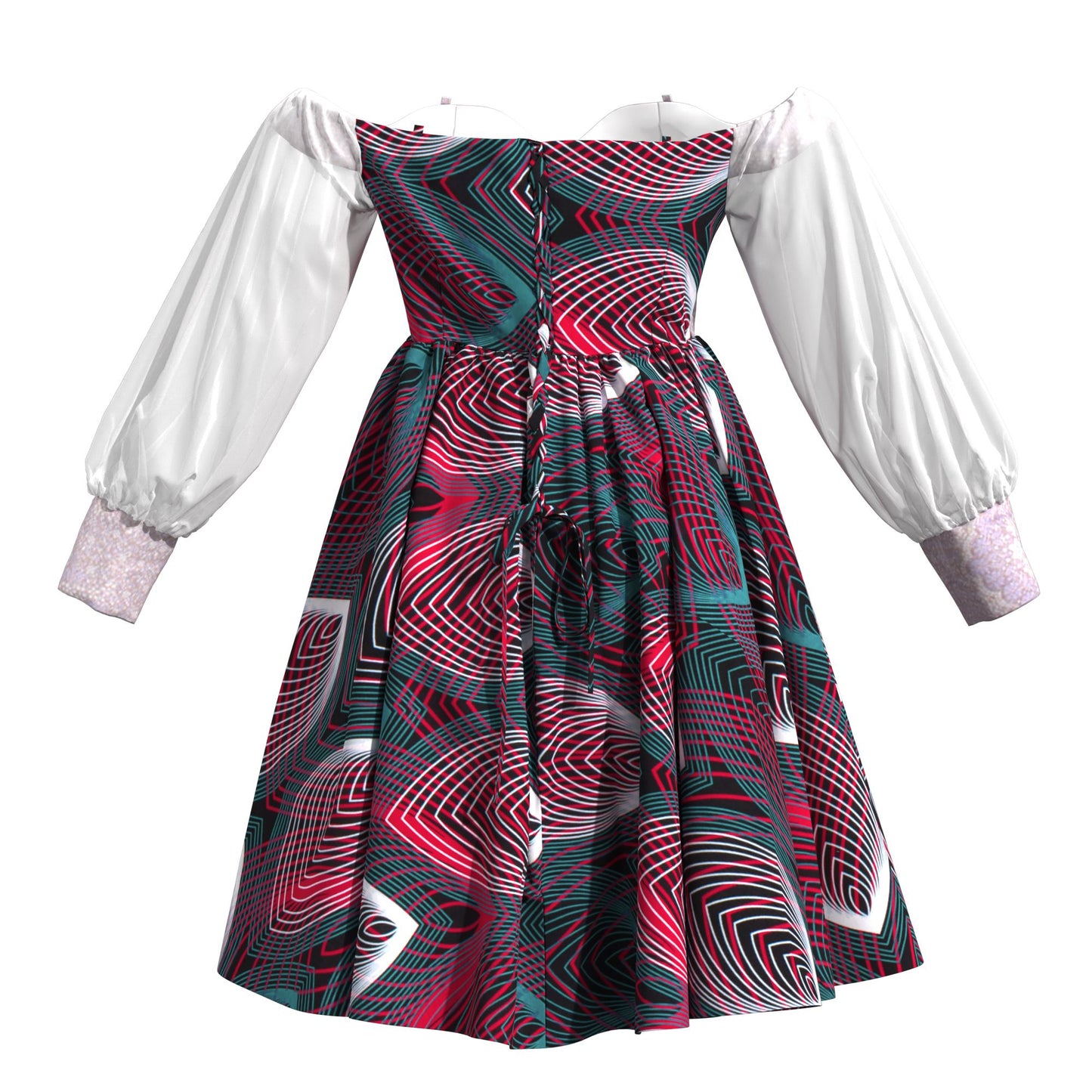 African Print Sequin Off Shoulder Mesh Sleeve A-Line Dress