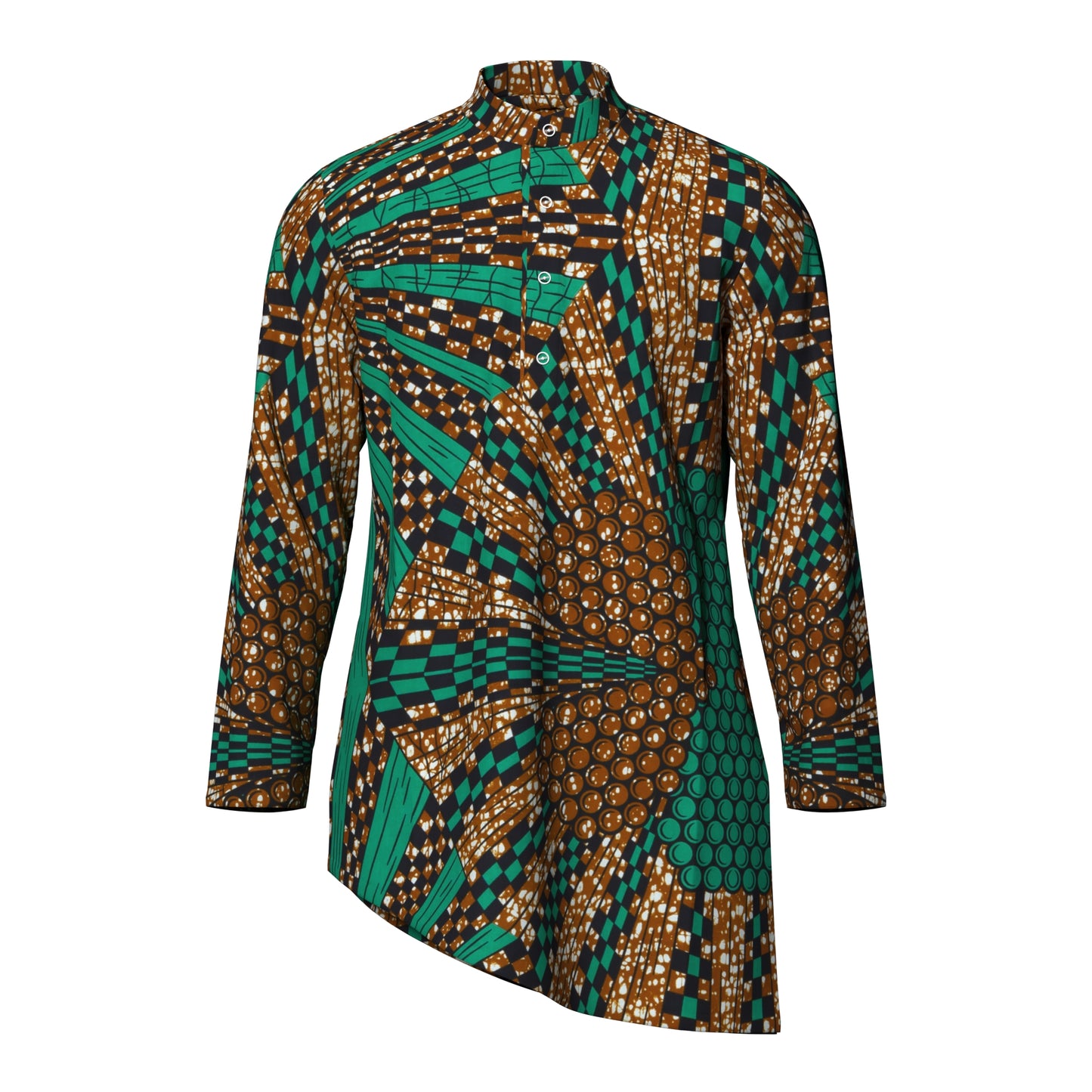 Ankara Print Men’s Mandarin Collar Asymmetric Hem Shirt