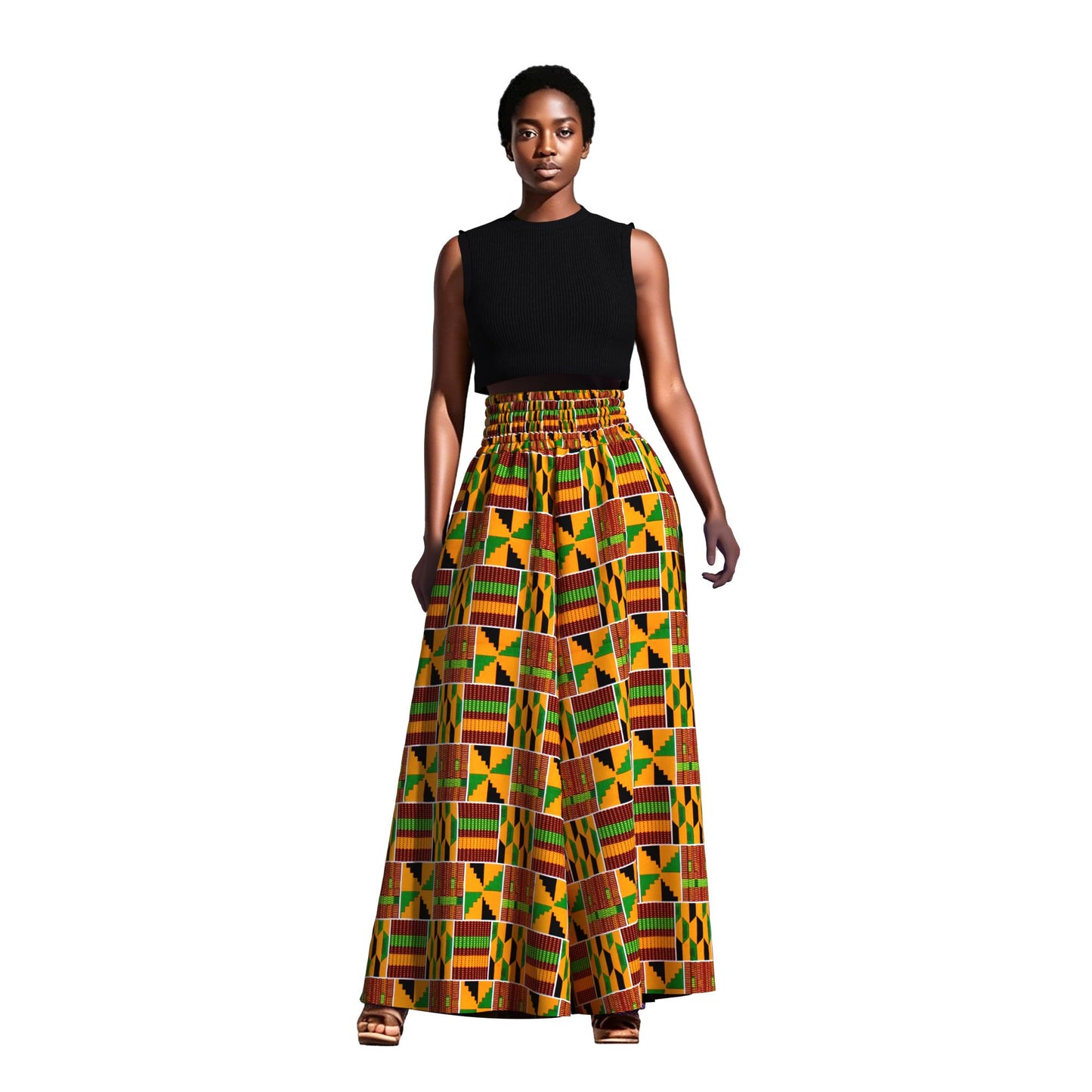 Vintage African Tribal Geometric Print Elastic High Waist Palazzo Pants, Flowy Loose Wide Leg Long Pants Slimming Figure Friendly