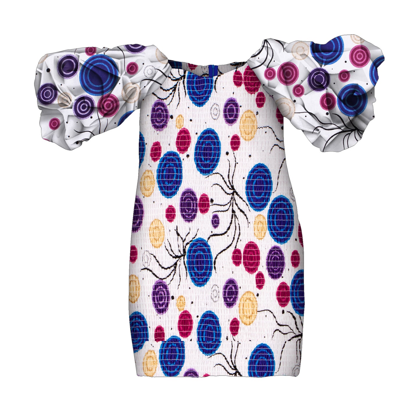 African Print Smocked Bodycon Dress with Puff Sleeves – Ankara Mini Dress