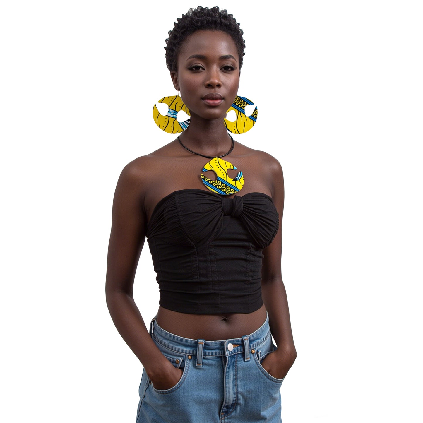 Women African Ethnic Print Cutout Pendant Necklace & Matching Drop Earring Jewelry Set Fashion Accessories