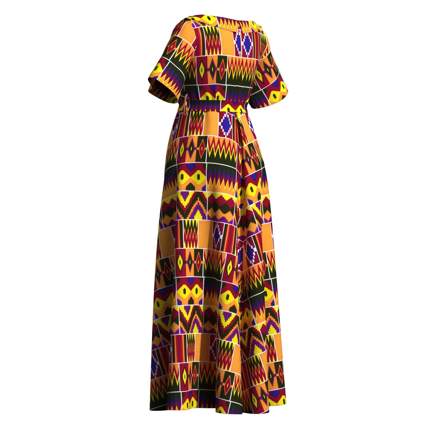 nkara Print Asymmetric Collar Short Sleeve Waist Tie Long Dress