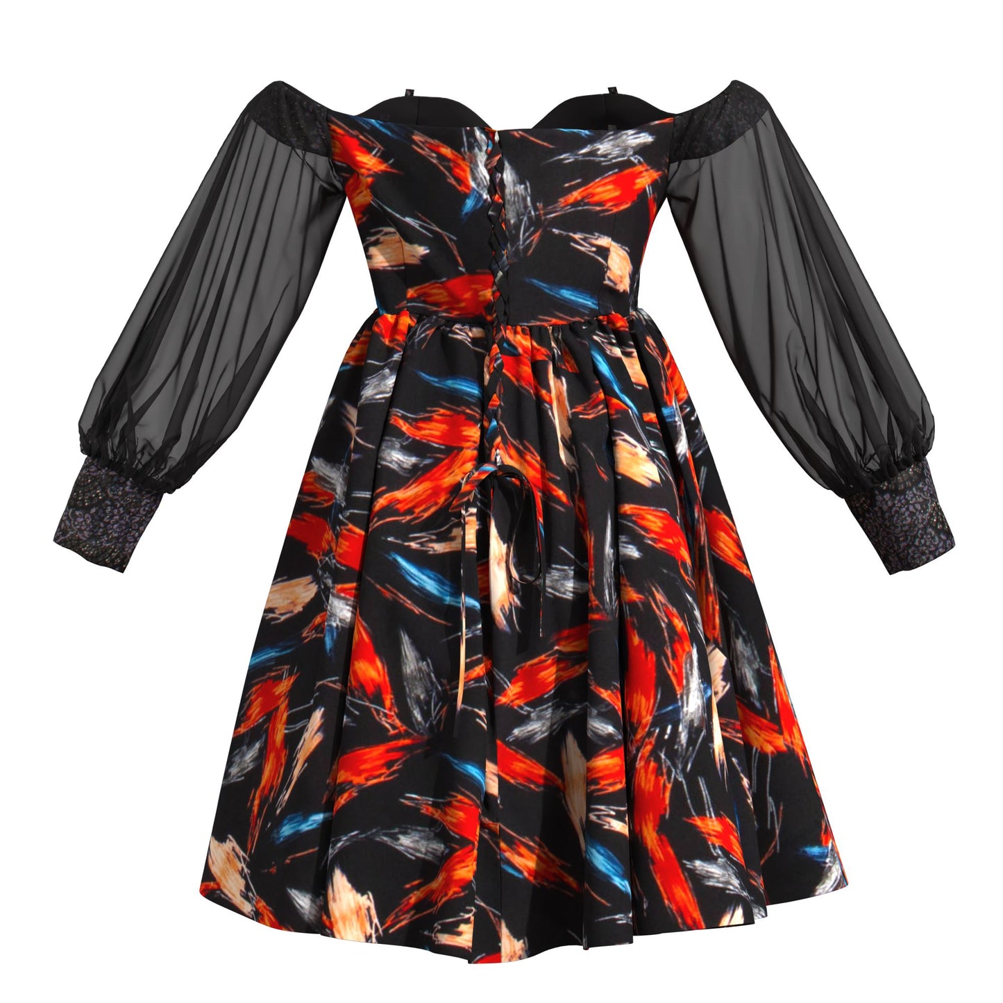 African Print Sequin Off Shoulder Mesh Sleeve A-Line Dress