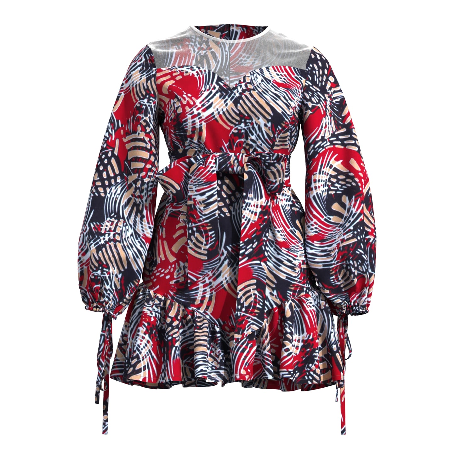 Sheer Mesh Neck African Print Belted Mini Dress