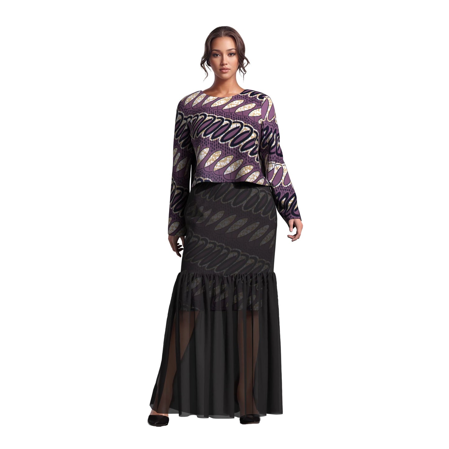 African Print Layered Sheer Mesh Mermaid Maxi Skirt Two Piece Set