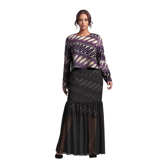 African Print Layered Sheer Mesh Mermaid Maxi Skirt Two Piece Set
