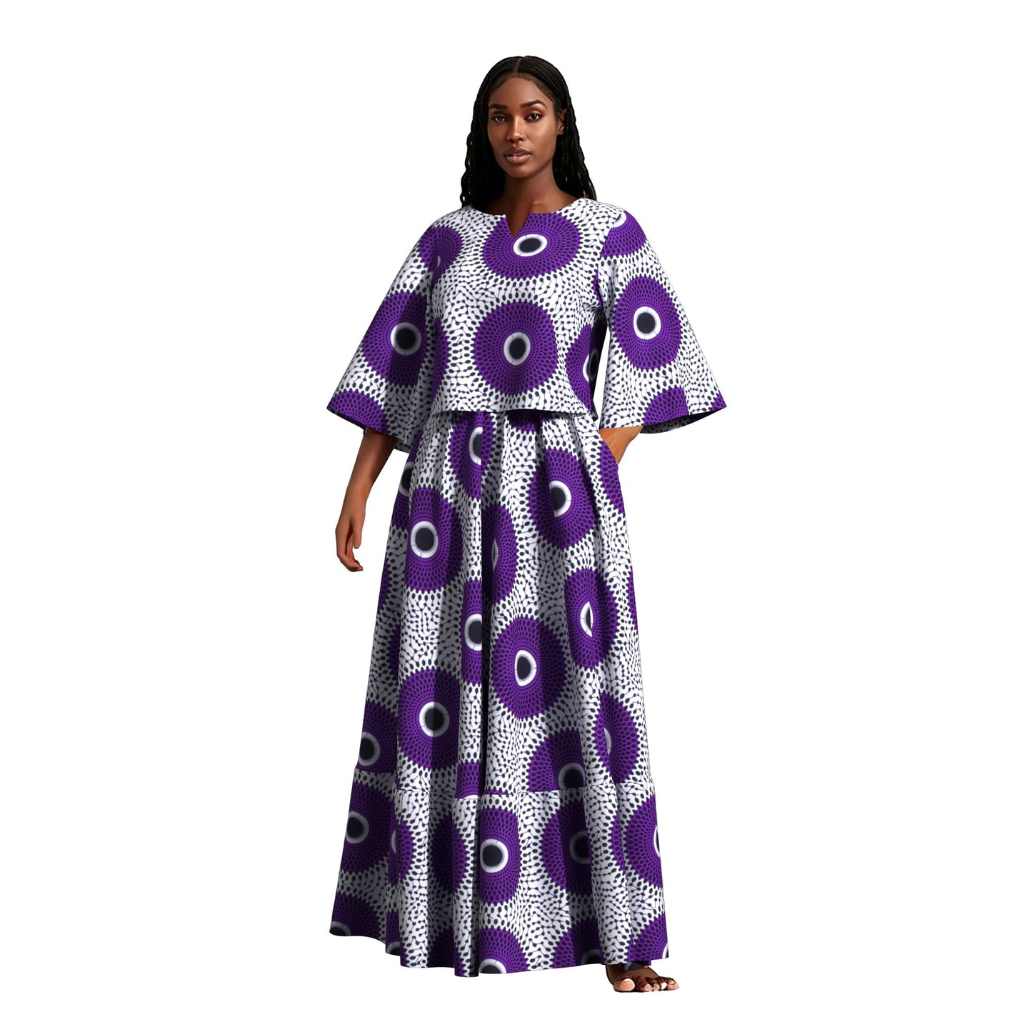 African Print Two Piece Outfit Women Notch Neck Crop Top & Tiered Maxi Skirt Set High Waist Slimming Matching Suit