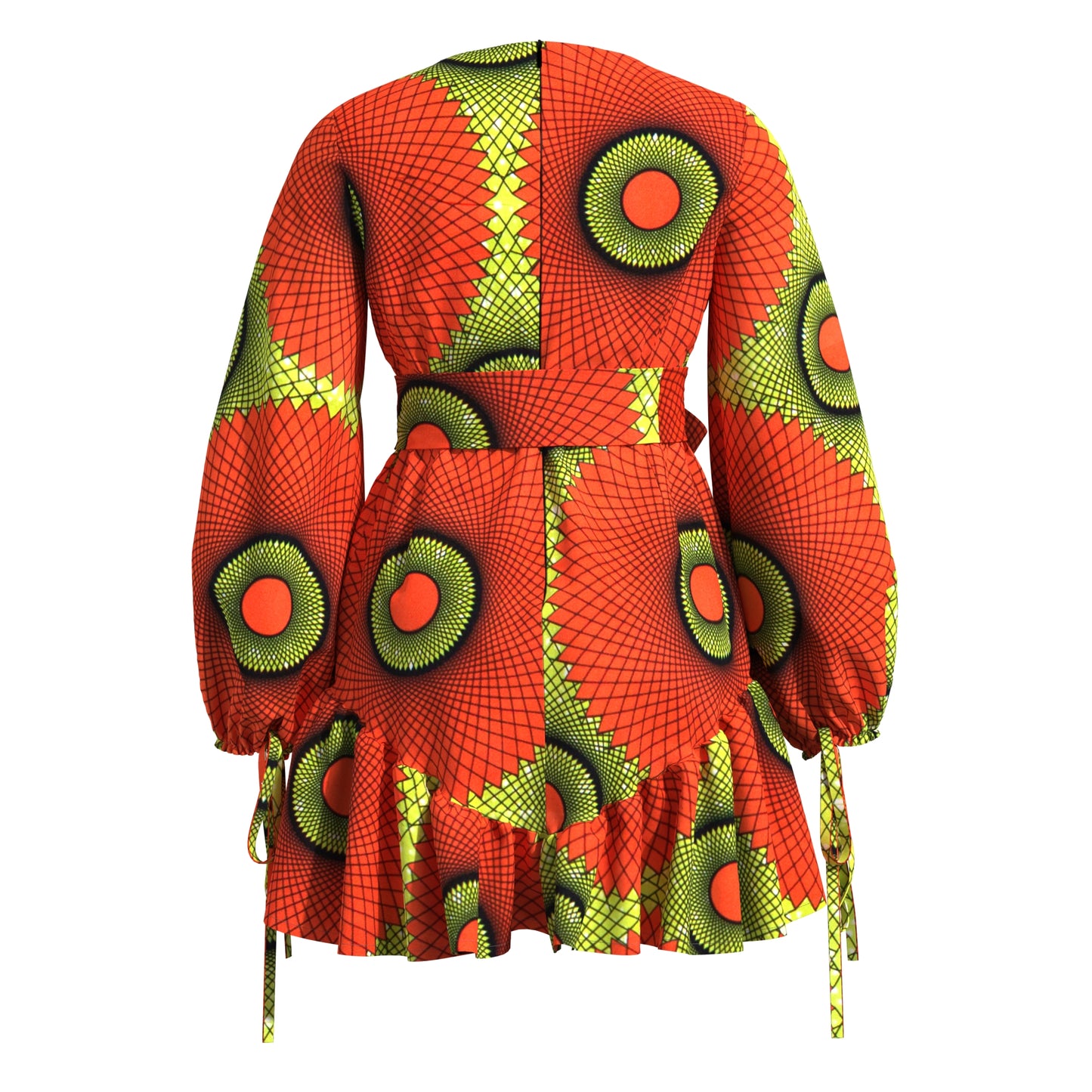 Sheer Mesh Neck African Print Belted Mini Dress