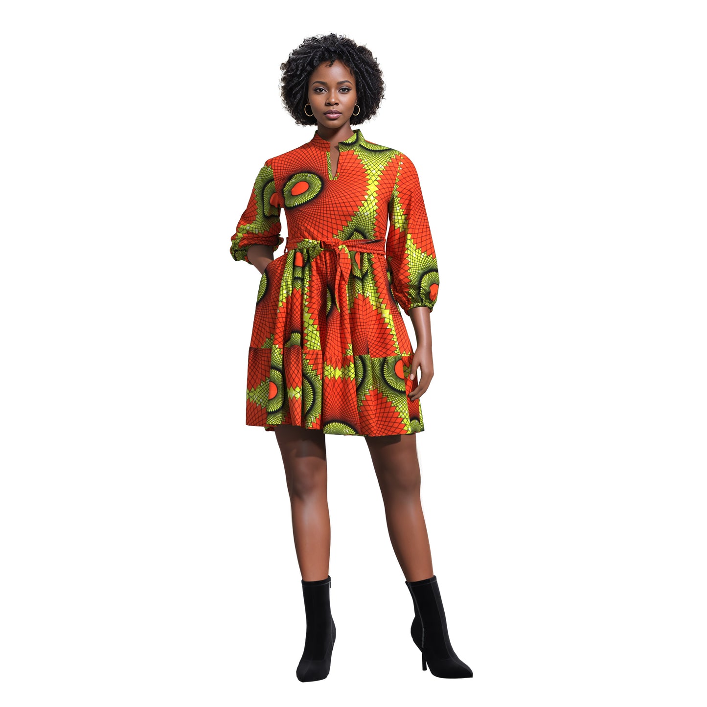 African Print Versatile Belted Stand Collar Casual Dress