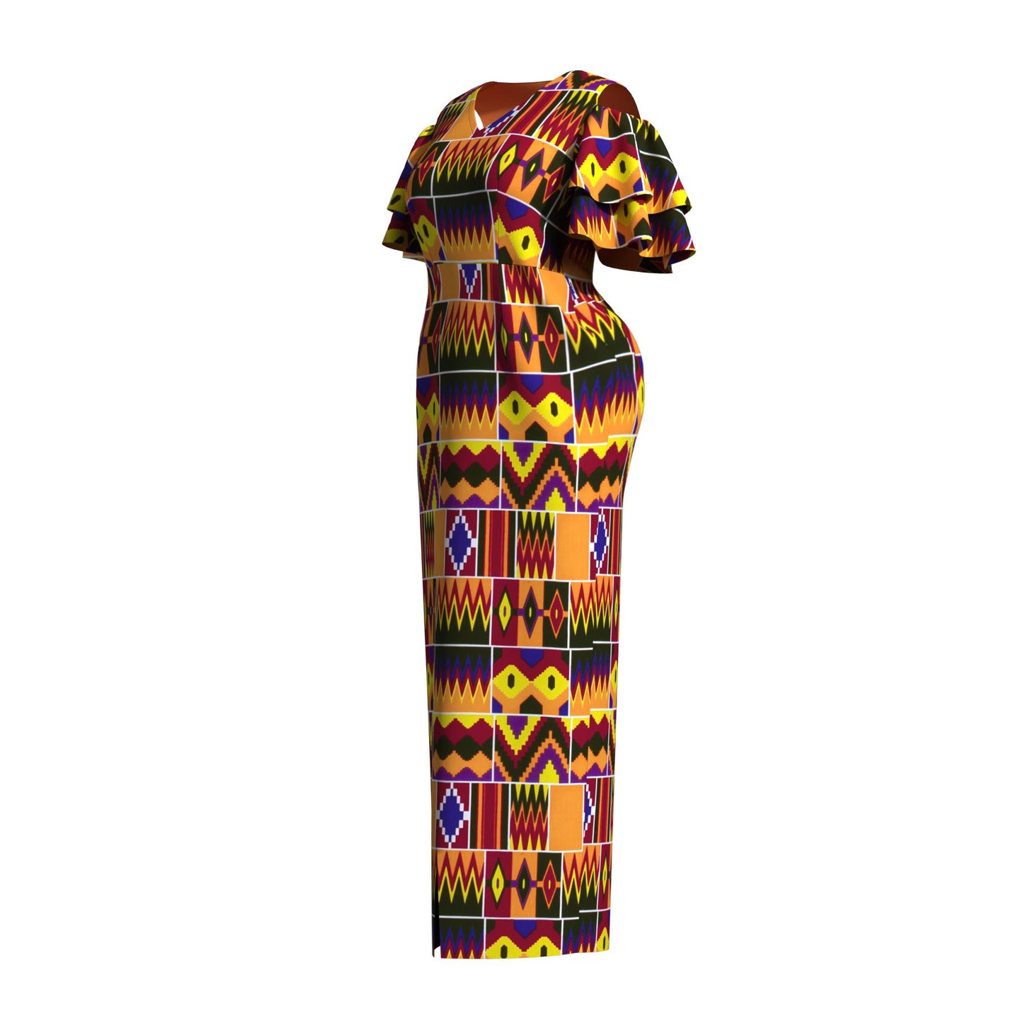 African Print Cold Shoulder Maxi Dress with Ruffle Sleeves