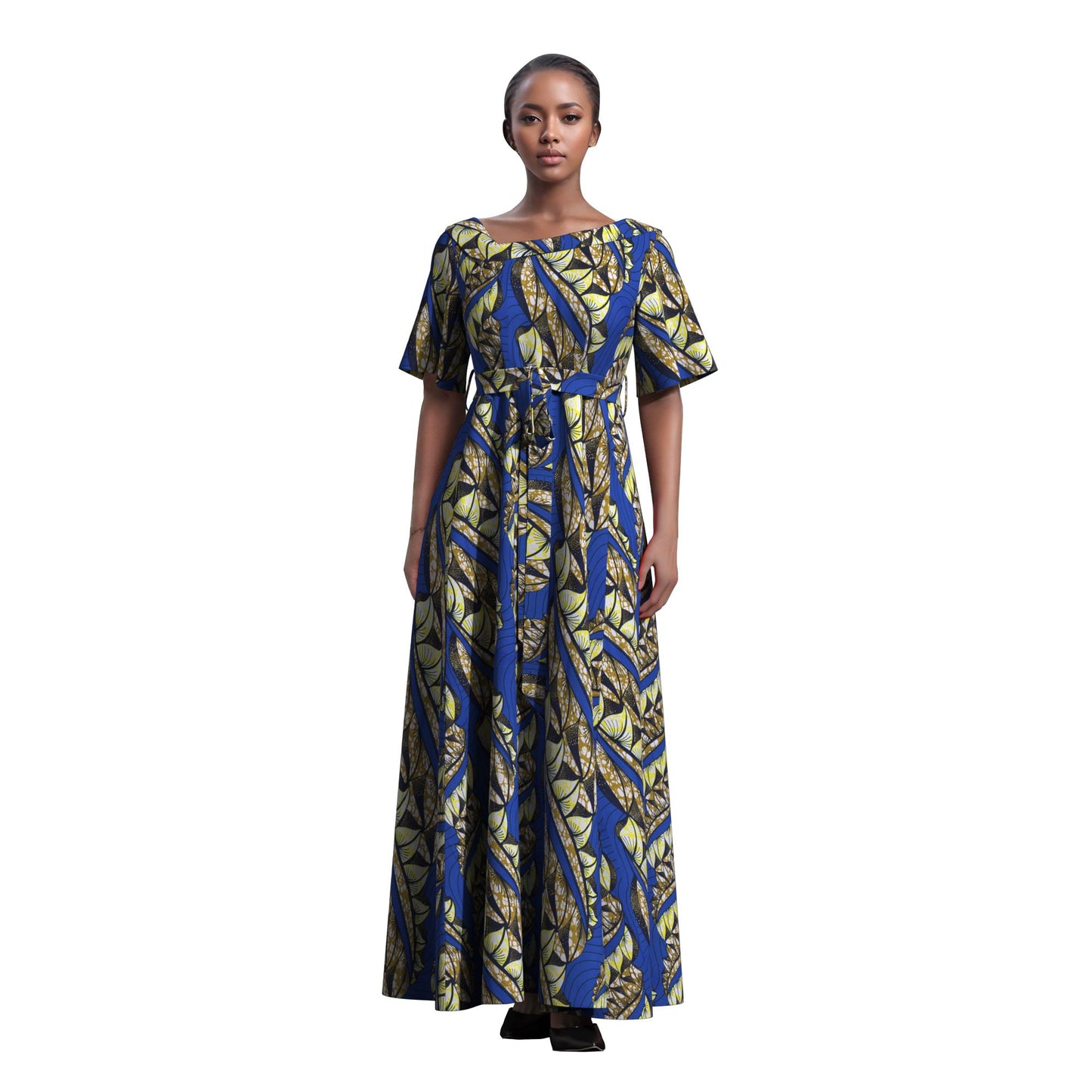 nkara Print Asymmetric Collar Short Sleeve Waist Tie Long Dress