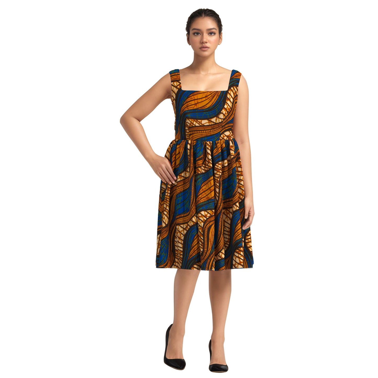 African Print Square Neck Sleeveless A-Line Midi Dress