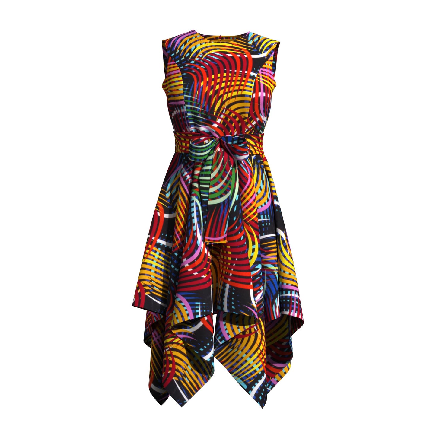 Sleeveless African Print Fit-and-Flare Dress with Asymmetrical Hem