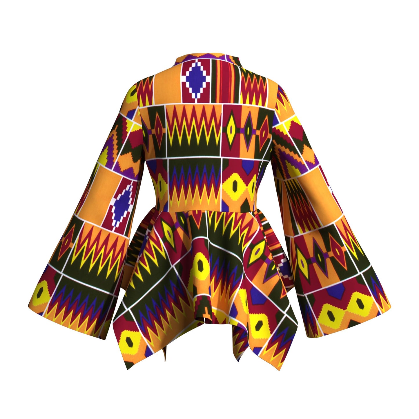Kente Print Asymmetric Peplum Top with Bell Sleeves