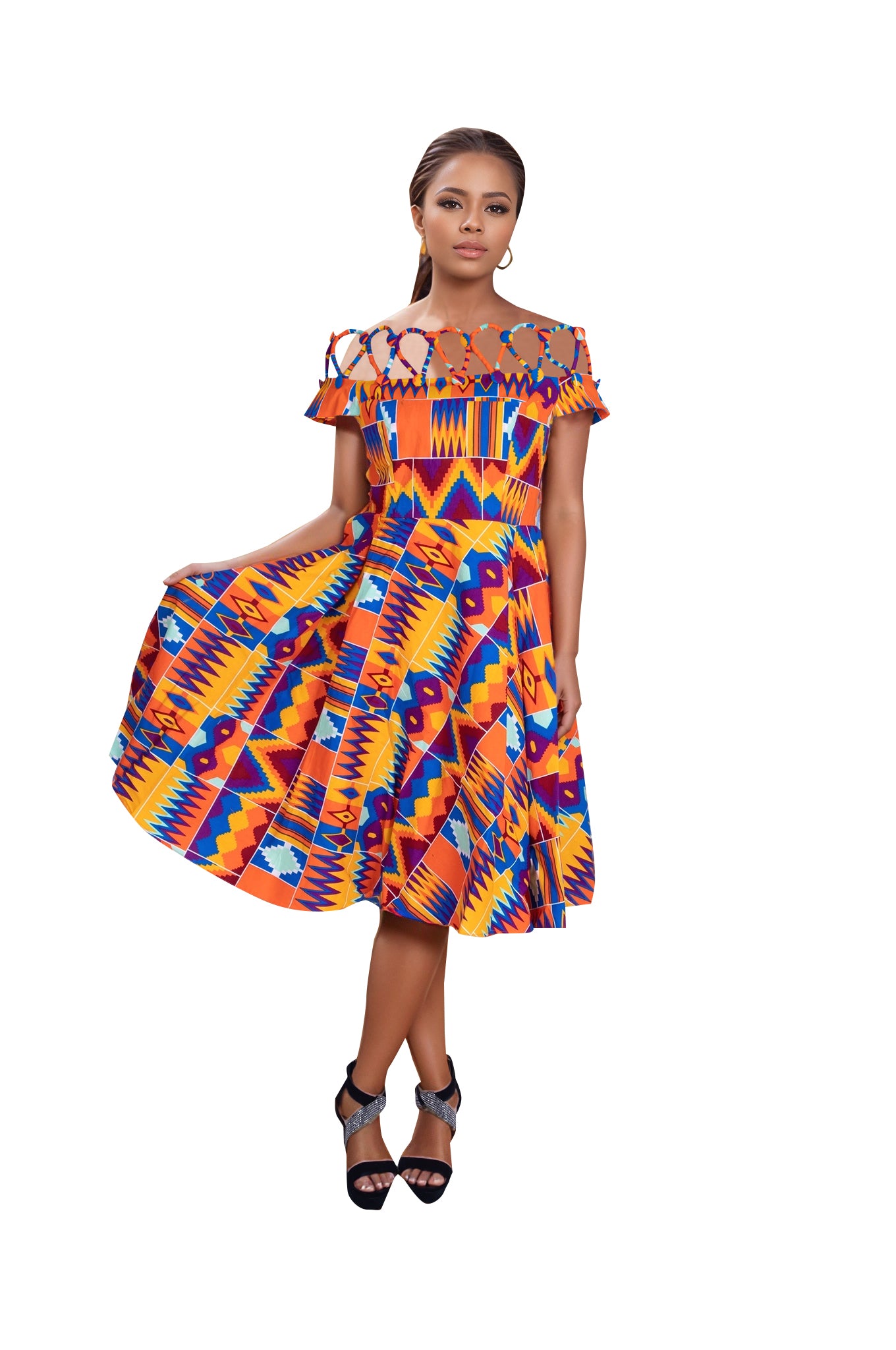 African Print Cotton Rope Button Cutout Off-Shoulder Midi Dress – Elegant Ankara Fit-and-Flare Dress for Black Women