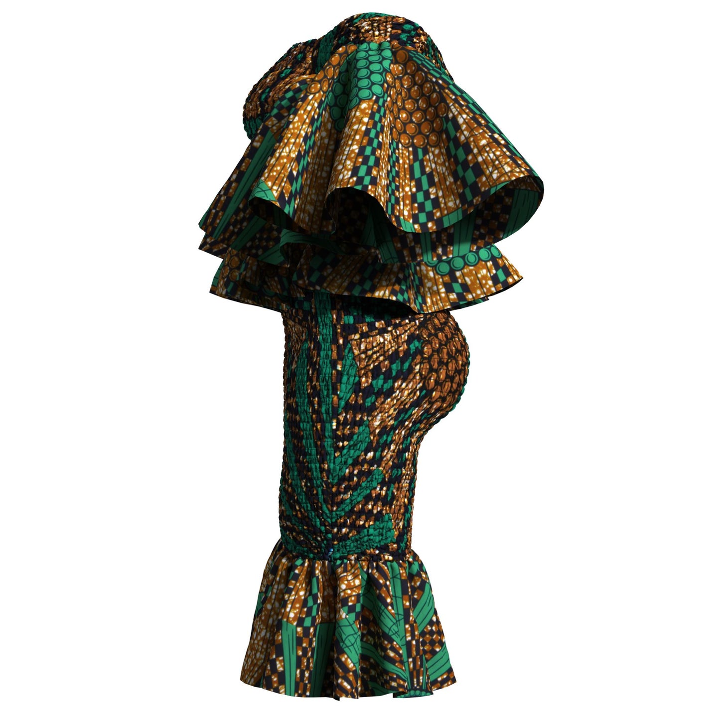 Smocked African Print Two-Piece Outfit with Flounce Sleeves