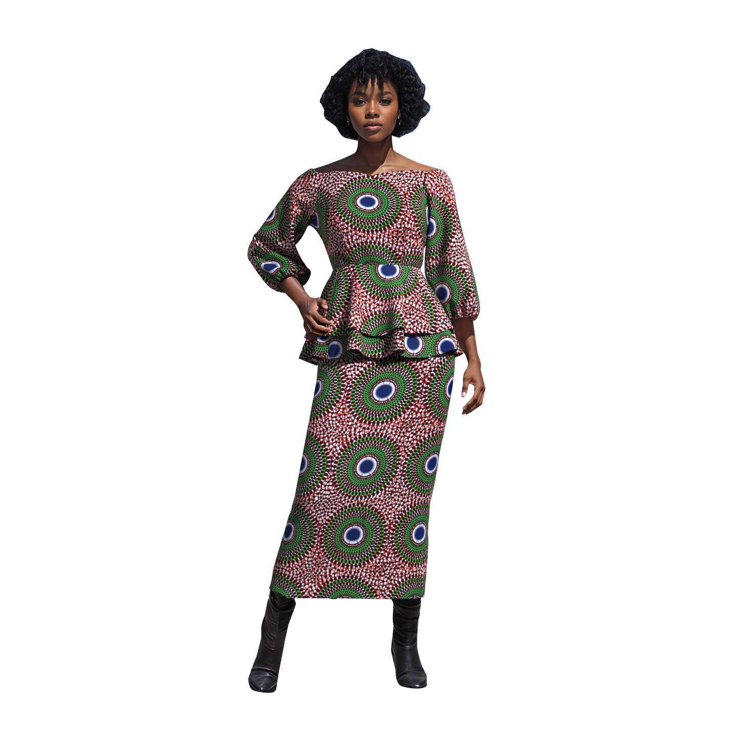Ankara Print Elastic Cuff Peplum Top & Maxi Skirt Set