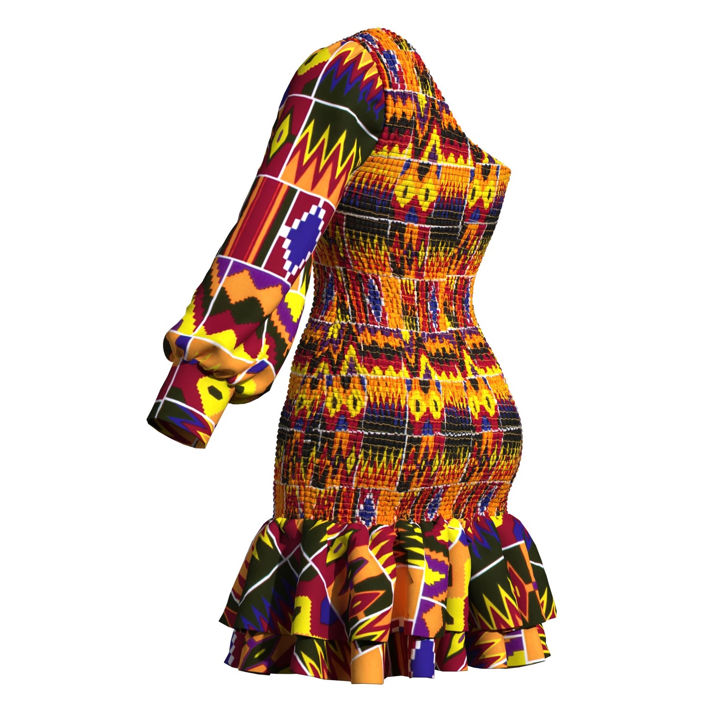 Ankara One-Shoulder Smocked Ruffle Hem Dress