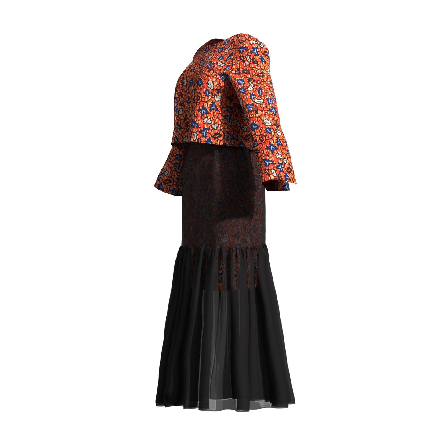 African Print Layered Sheer Mesh Mermaid Maxi Skirt Two Piece Set