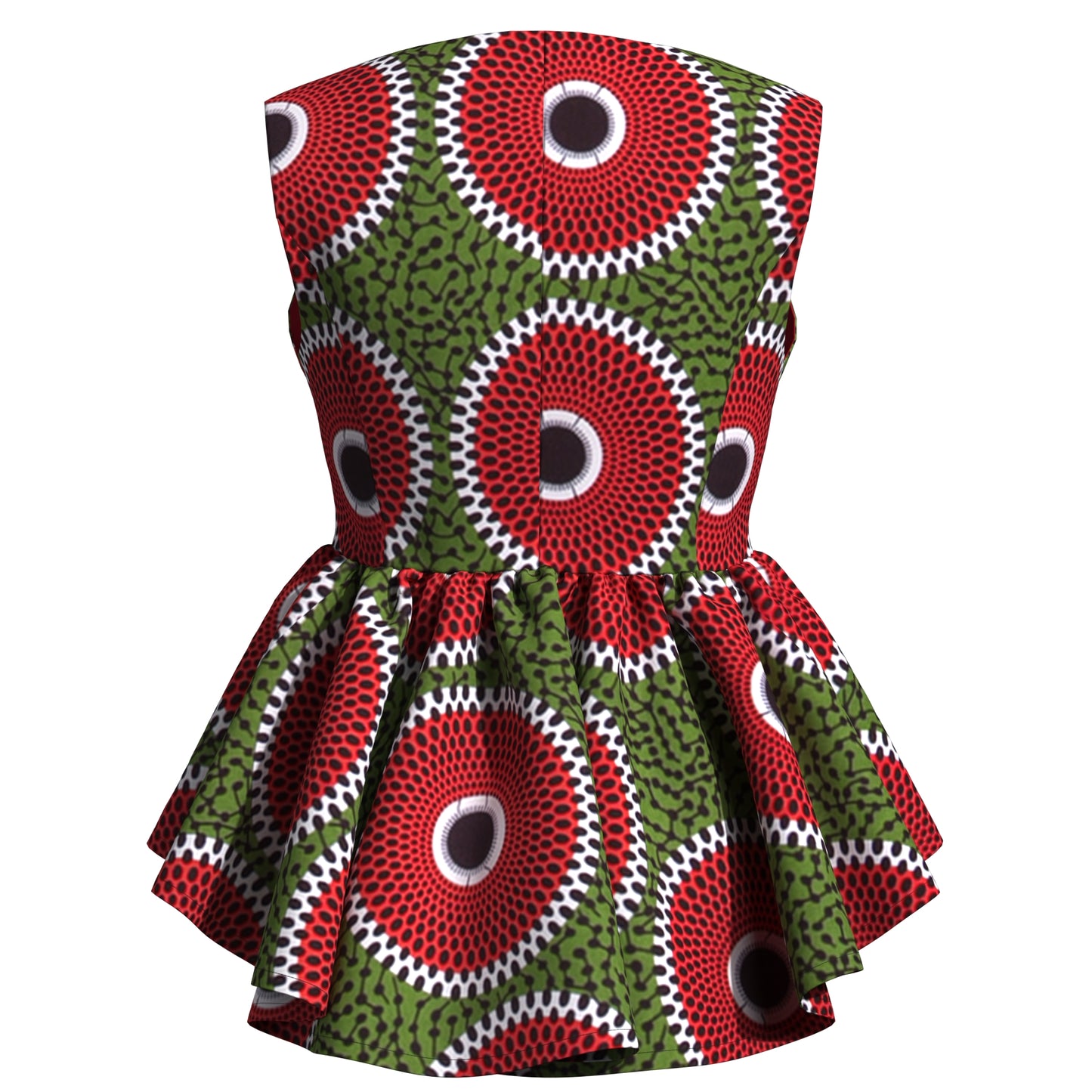 Handmade African Wax Print Sleeveless Peplum Blouse with Ruffle Detail