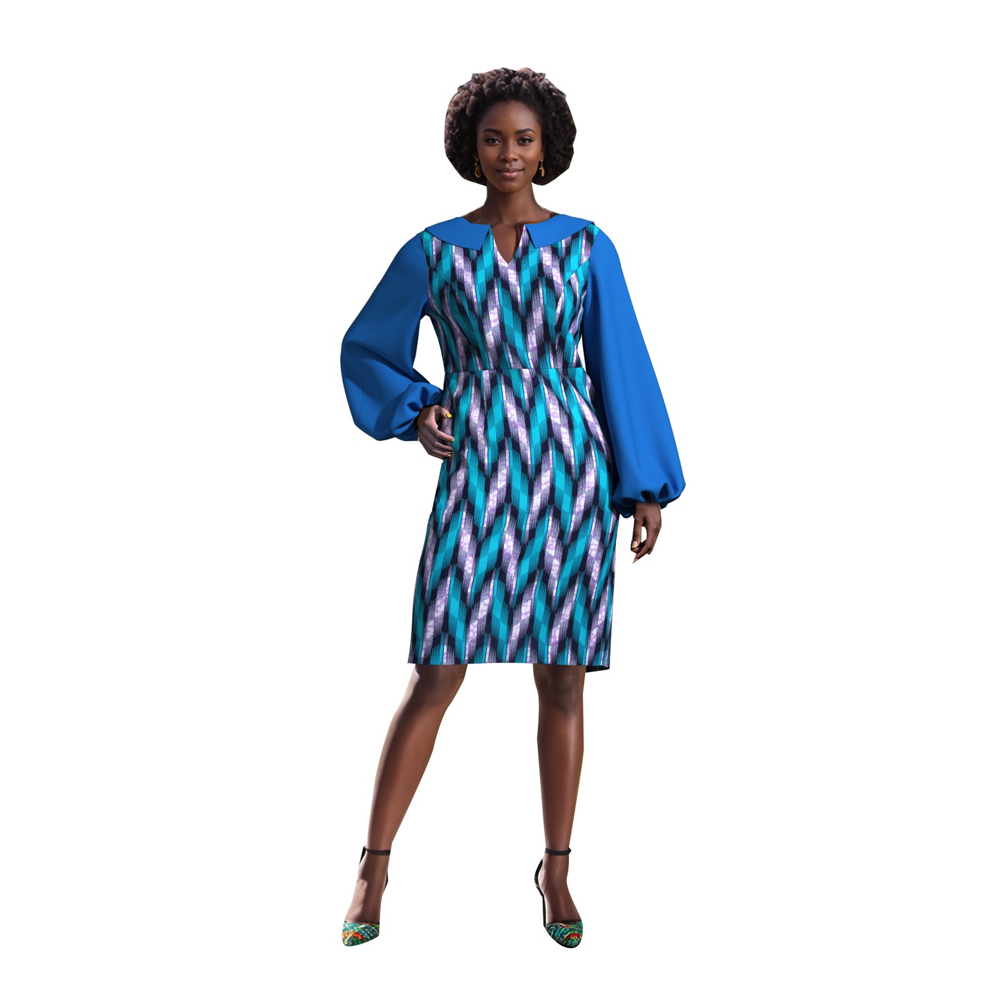 African Print Peter Pan Collar Puff Sleeve Midi Dress