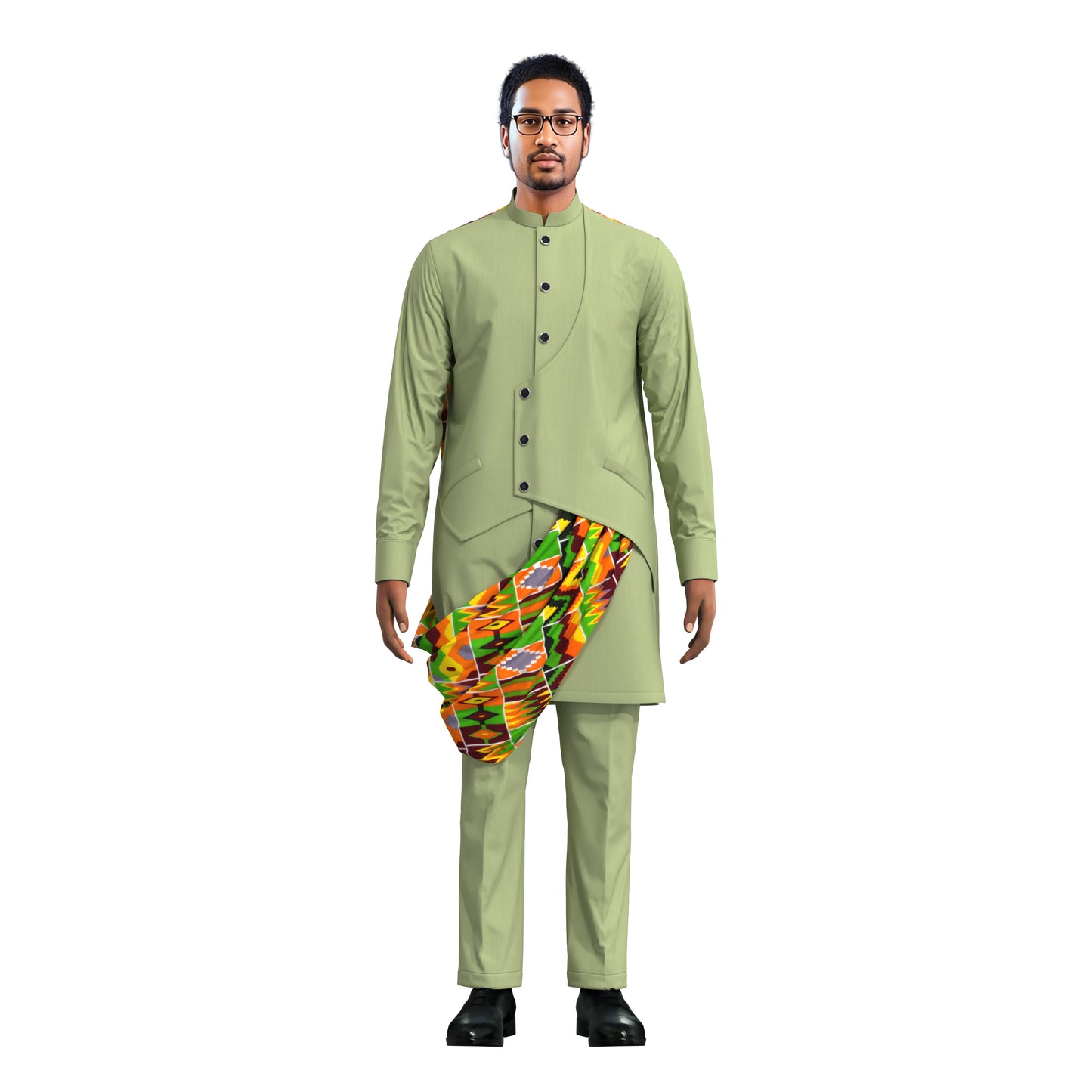 Stylish Men Matching Trousers Outfit, Suit Fabric Top with African Printed Drape Detail