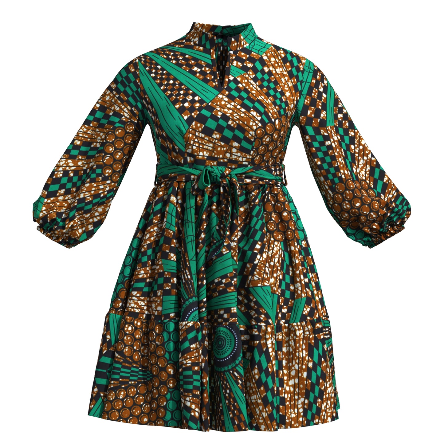 African Print Versatile Belted Stand Collar Casual Dress